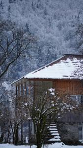 fienile coperto da neve con tetto ricoperto di neve di Guest House in Svaneti - Khaishi a Mestia