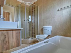 a bathroom with a toilet and a shower and a tub at Vila Ravijojla in Kravlja +13 photos