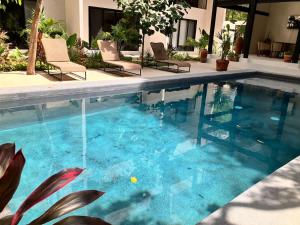 ein Swimmingpool mit Stühlen und blauem Wasser in der Unterkunft Tulum groups home for 7 guest with 2 bedrooms Balcony Common Pool Gym Yoga and mini Market Ximbal in Tulum