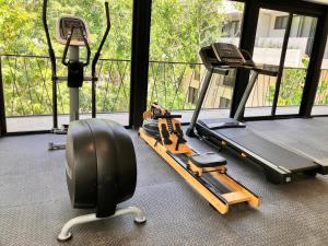 einen Fitnessraum mit zwei Laufbändern und einem Laufband in der Unterkunft Tulum groups home for 7 guest with 2 bedrooms Balcony Common Pool Gym Yoga and mini Market Ximbal in Tulum
