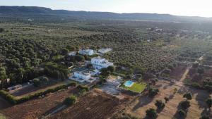 an aerial view of a large white house with trees at Masseria Borgo Santuri in Ostuni