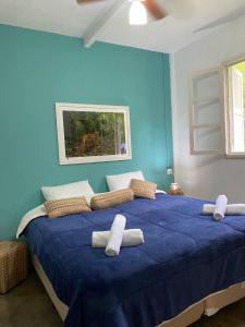 a blue bedroom with a large blue bed with pillows at Legado das Águas in Miracatu