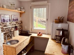 a kitchen with a sink and a refrigerator and a window at Ferienhaus Lavendel in Obergurig