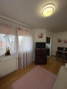 a living room with a large window and a table at Magnólia Apartmam in Hegykő