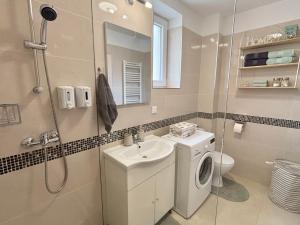 a bathroom with a washing machine and a sink at Wanderlust Home Mint, Rasnov Apt for 4, Wifi and Free Parking in Râşnov +36 photos