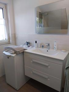 a bathroom with a sink and a mirror at Ferienwohnung Hartmann in Wernigerode +15 photos