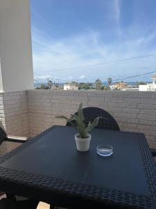 a black table with a potted plant on a patio at Apartamentos Bolonia - M a n u e l a in Bolonia
