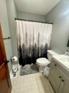 a bathroom with a toilet and a shower curtain with trees at Come home to Kenwood Conveniently located Syracuse in Syracuse +35 photos