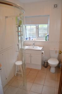 a bathroom with a sink and a toilet and a window at Lighthouse Cottage, 19 Broadlands, Shaldon in Shaldon