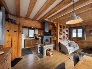 un salon avec cheminée dans une cabane en rondins dans l'établissement Chalet confortable à Méaudre pour 8 pers, vue imprenable - FR-1-737-98, à Méaudre