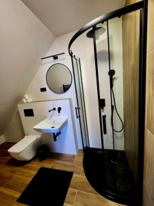 a bathroom with a sink and a shower at Willa Górska Szrenicówka in Szklarska Poręba