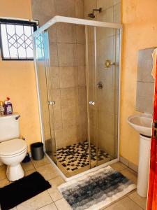 une salle de bain avec une douche avec des toilettes et un lavabo dans l'établissement Mbotyi Mnceba Cottage, à Lusikisiki