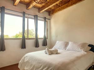 a bedroom with a large white bed with windows at Suite Glampingzingo in Santa Ana Jilotzingo