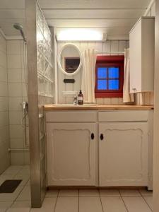 a bathroom with a shower and a sink and a mirror at Traditional Hemsedal family cabin spectacular view in Hemsedal