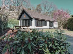 a small house with a bench in front of it at HottuB - Wellnesshuisje - Bos - Oudveluwe in Voorthuizen