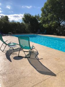 two lawn chairs sitting next to a swimming pool at Nîmes calme in Nîmes