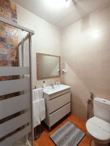 a bathroom with a sink and a toilet and a mirror at Casa Capricho del Destino in Villatobas +59 photos