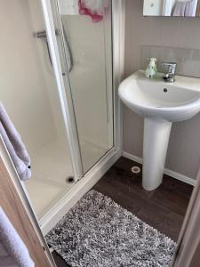 un baño con ducha y lavabo en Woodend Caravan, en Shinness 24 fotos más