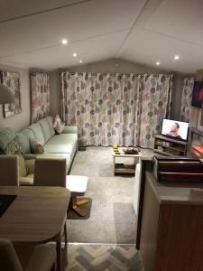 Una sala de estar con un sofá y un televisor. en Woodend Caravan, en Shinness