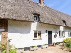 a white cottage with a thatched roof at 1 Harpur Cottage in Bedford