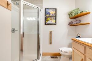 a bathroom with a shower and a toilet at Sawyers Cabin with Hot Tub in Blue Ridge Mtns! in Fletcher +27 photos