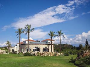 a house with palm trees in front of a field at Luxury Villa with Views in Plataniás