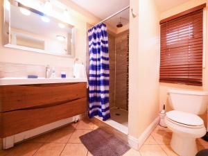a bathroom with a toilet and a shower at Stylish 3 bed, minutes to NYC! in Jersey City
