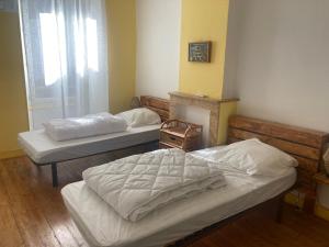 Sainte-EulalieMaison RASSIER, Gîte Vélo的带壁炉的客房内设有两张单人床。