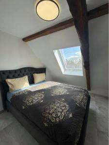 a bedroom with a bed in a room with a window at Die Terrassenmaisonette mit Stil in Jesewitz