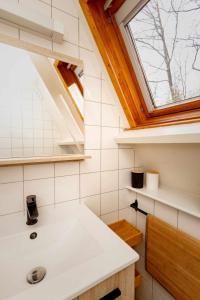 Un baño con lavabo y ventana. en Het Hertenbos Chalet 136 - Bos- Groene Oase- Rustmoment- Zwembad, en Durbuy