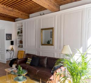 a living room with a brown couch and a mirror at Appartement de charme in Besançon