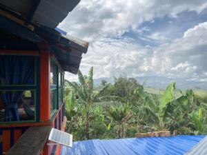 uma vista de uma casa com telhado azul em Casa La Aurora Posada em Restrepo