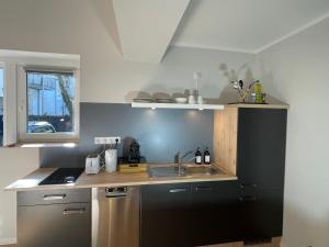 a kitchen with a sink and a black refrigerator at Urban Bliss Newly Renovated in Nürnberg +10 photos