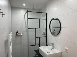 a bathroom with a shower and a sink and a mirror at Urban Bliss Newly Renovated in Nürnberg