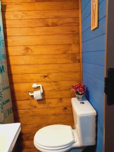 a bathroom with a toilet and a wooden wall at cabaña cuatro reinas in Tigre +20 photos