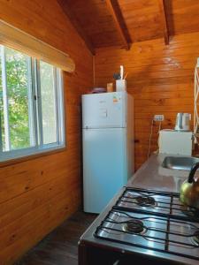 eine Küche mit einem weißen Kühlschrank und einem Herd in der Unterkunft cabaña cuatro reinas in Tigre + 27 Fotos
