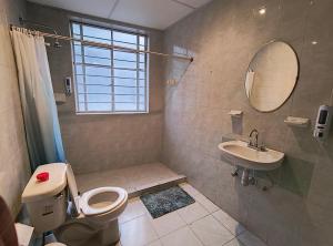 a bathroom with a toilet and a sink and a mirror at Hostal Schultz in Mexico City