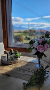 a vase of flowers on a table next to a window at Cabañas Patagonia Encantada in Puerto Natales