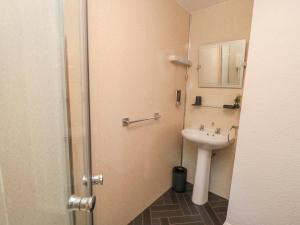 ein kleines Badezimmer mit Waschbecken und Dusche in der Unterkunft Wayside Farm Stable Cottage in Scarborough