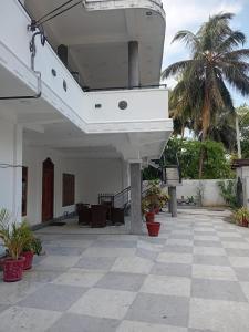 an empty patio with palm trees and a building at MSGuest House in Jaffna