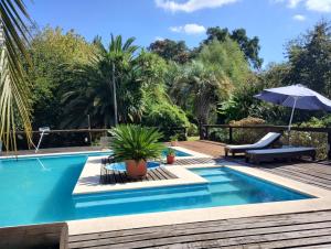 a swimming pool with a deck and an umbrella at Guest House Peter Flanders in Tigre