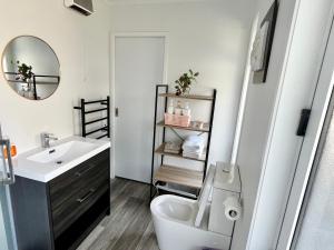 a bathroom with a sink and a toilet and a mirror at Lakeside cozy studio in Taupo