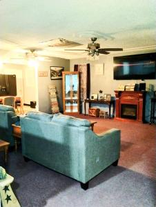 a living room with a green couch and a fireplace at Sandy's House in Minden