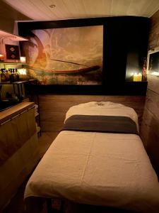 ein Schlafzimmer mit zwei Betten und einem Gemälde an der Wand in der Unterkunft La Clé des Champs Maison familiale à 15min Disneyland Paris WIFI GRATUIT in Boutigny