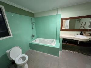 a bathroom with a toilet and a tub and a sink at Balieys Villa, Tranquil Hideaway in Central Canggu in Canggu