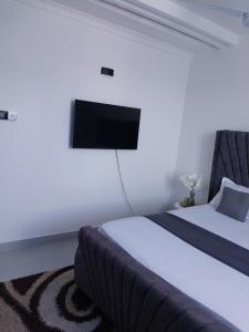 a bedroom with a bed and a flat screen tv at The Residence Beach Apt Nyali in Mombasa