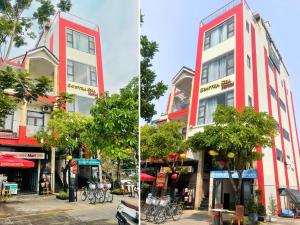 two pictures of a building with bikes parked in front at Sontra Sea Hotel in Danang