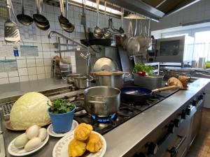 une cuisine avec des casseroles, des poêles et des assiettes de nourriture dans l'établissement Berggasthof Ferienhaus Gut Lichtenau, à Hauzenberg 42 autres photos