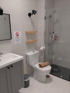 een badkamer met een douche, een toilet en een wastafel bij Chez Carmen Allegranza - Pool View - By Lanzarote Vacation Homes in Puerto del Carmen +15 foto's