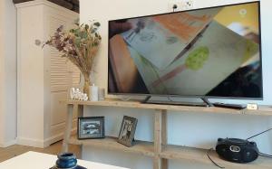 a large television on a wooden stand in a living room at Baabe Villen-Ensemble FeWo 41 Muschelsucher in Baabe